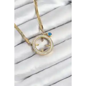 316L Çelik Zirkon Taşlı Çeyrek Takılabilir Gold Renk Kadın Kolye