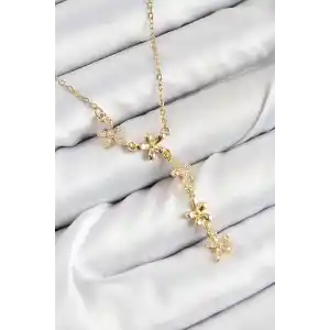 316L Çelik Zirkon Taşlı Çiçek Model Gold Renk Kadın Kolye