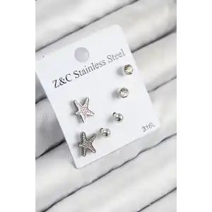316L Çelik Zirkon Taşlı Deniz Yıldızı Model Gümüş Renk Kadın Set Küpe