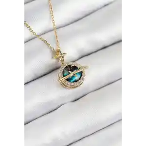 316L Çelik Zirkon Taşlı Gezegen Model Gold Renk Kadın Kolye