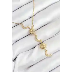 316L Çelik Zirkon Taşlı Güneş Ve Ay Model Gold Renk Kadın Kolye