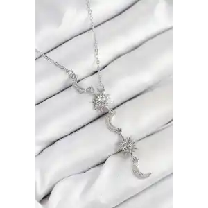 316L Çelik Zirkon Taşlı Güneş Ve Ay Model Gümüş Renk Kadın Kolye