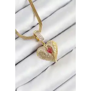 316L Çelik Zirkon Taşlı Kanatlı Kalp Model Gold Renk Kadın Kolye