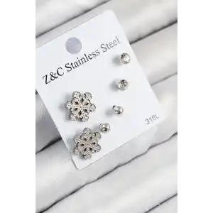 316L Çelik Zirkon Taşlı Kar Tanesi Model Gümüş Renk Kadın Set Küpe