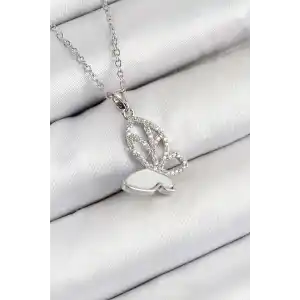 316L Çelik Zirkon Taşlı Kelebek Model Gümüş Renk Kadın Kolye