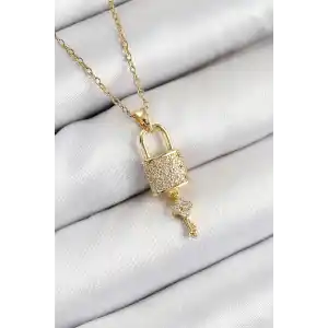 316L Çelik Zirkon Taşlı Kilit Ve Sallantılı Anahtar Model Gold Renk Kadın Kolye