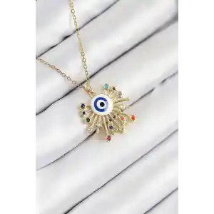 316L Çelik Zirkon Taşlı Nazar Model Gold Renk Kadın Kolye