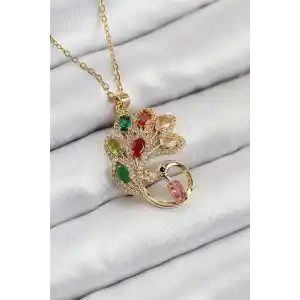 316L Çelik Zirkon Taşlı Tavus Kuşu Model Gold Renk Kadın Kolye