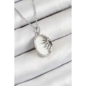 316L Çelik Zirkon Taşlı Yarım Güneş Model Gümüş Renk Kadın Kolye