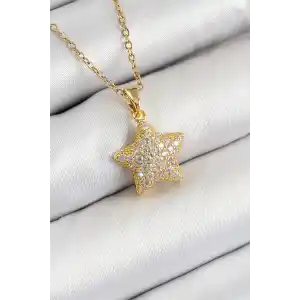 316L Çelik Zirkon Taşlı Yıldız Model Gold Renk Kadın Kolye