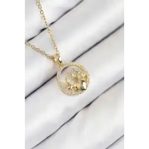 316L Çelik Zirkon Taşlı Yıldız Ve Kalp Model Gold Renk Kadın Kolye