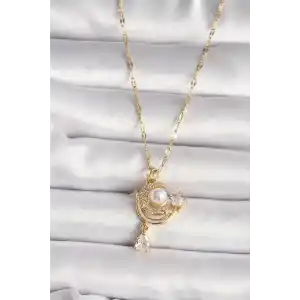 316L Gold Renk Zirkon Taşlı Ay Yıldız Model Sallantı Detay Kadın Kolye