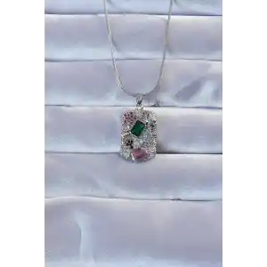 316L Gümüş Renk Çok Renkli Zirkon Taşlı Vintage Kolye