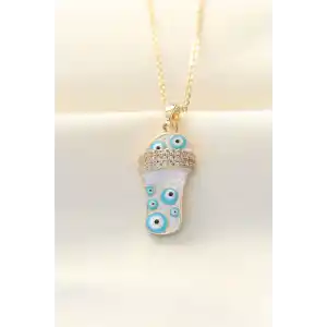 316L Zinciri Çelik Zirkon Taşlı Gold Renk Nazar Boncuklu Terlik Kolye