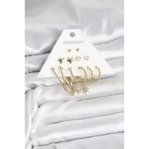 6 Çift Kadın Küpe Seti Gold Renk