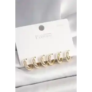 925 Ayar Gümüş Çivi Pirinç Gold Renk İşlemeli Halka Model Kadın Küpe Seti