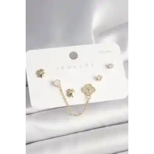 925 Ayar Gümüş Çivi Pirinç Gold Renk Zirkon Taşlı Yonca Model Sallantı Zincir Detay Kadın Küpe Seti