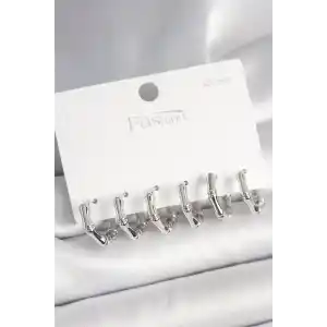 925 Ayar Gümüş Çivi Pirinç Gümüş Renk Bambu Halka Model Kadın Küpe Seti