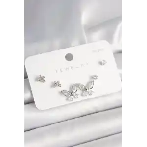 925 Ayar Gümüş Çivi Pirinç Gümüş Renk Zirkon Taşlı Kelebek Model Kadın Küpe Seti