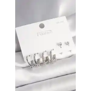 925 Ayar Gümüş Çivi Pirinç Gümüş Renk Zirkon Taşlı Tiffany Halka Model Kadın Küpe Seti