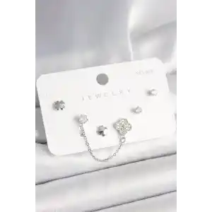 925 Ayar Gümüş Çivi Pirinç Gümüş Renk Zirkon Taşlı Yonca Model Sallantı Zincir Detay Kadın Küpe Seti