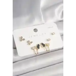 925 Ayar Gümüş Çivi Pirinç Zirkon Taşlı Kelebek Model Kadın Küpe Seti