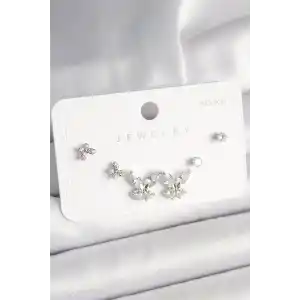 925 Ayar Gümüş Çivi Pirinç Zirkon Taşlı Kelebek Model Kadın Küpe Seti