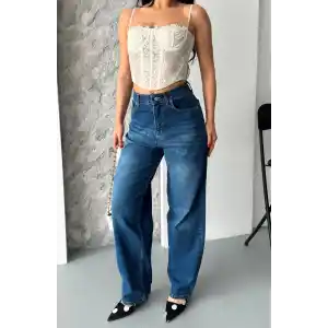 Baggy süper taş bıyık yıkama koyu mavi jeans pantolon d2007