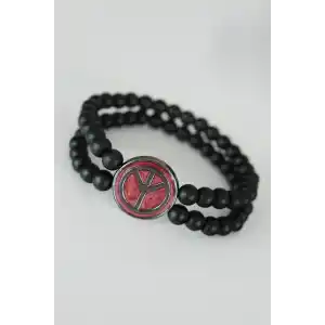 Barış Figürlü Bordo Renk Füme Metal Aksesuarlı Çift Sıra Oniks Doğal Taş Erkek Bileklik