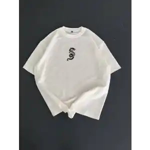 Baskılı Oversize Bisiklet Yaka T-shirt - Beyaz