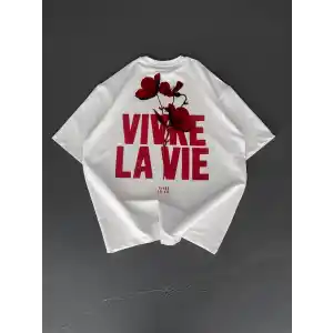 Baskılı Oversize Bisiklet Yaka T-shirt - Beyaz