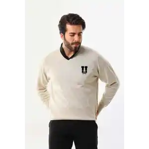 Baskılı V Yaka Uzun Kol Dokuma Triko - Bej