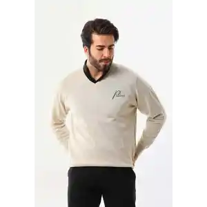 Baskılı V Yaka Uzun Kol Dokuma Triko - Bej