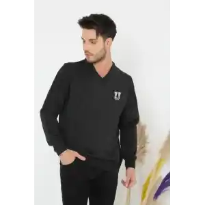 Baskılı V Yaka Uzun Kol Dokuma Triko - Füme