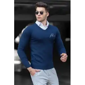 Baskılı V Yaka Uzun Kol Dokuma Triko - Indigo