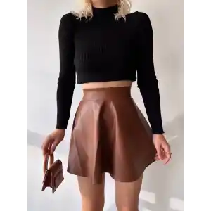 Beli lastikli deri etek kahve s24599