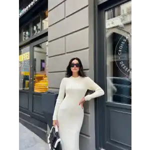 Bisiklet Yaka Fitilli Uzun Elbise - Beyaz