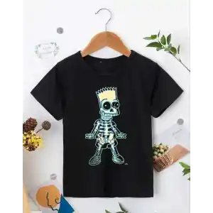 Bisiklet Yaka Kısa Kol Çocuk Baskılı T-Shirt - Siyah