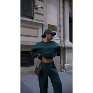 Bisiklet Yaka Nakış İşlemeli Üç İplik Sweat Takım - Yeşil