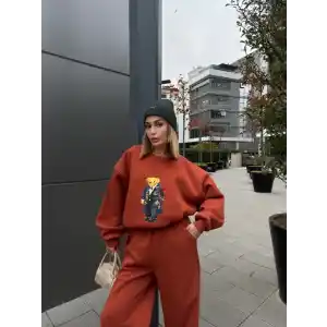 Bisiklet Yaka Üç İplik Sweat Takım - kiremit