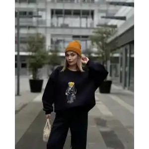 Bisiklet Yaka Üç İplik Sweat Takım - Siyah