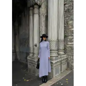 Boğazlı kalın bürümcük uzun elbise gri