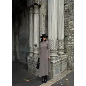 Boğazlı kalın bürümcük uzun elbise vizon