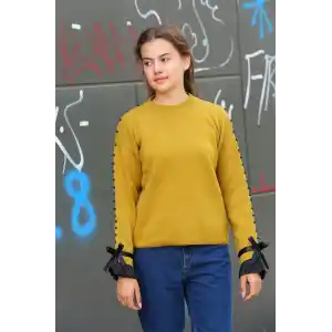 Boncuklu bile detaylı kazak hardal