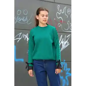 Boncuklu bile detaylı kazak petrol yeşili