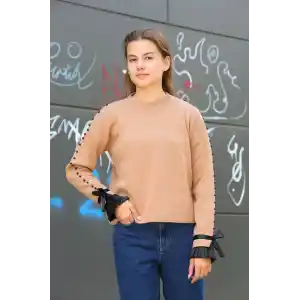 Boncuklu bile detaylı kazak vizon