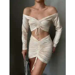 Büzgülü etek bluz takım bej s24709