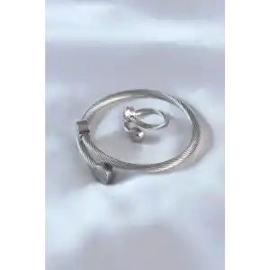 Çelik Gümüş Renk Sıkı Burgu Model Erkek Bileklik Yüzük Seti