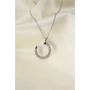 Çelik Silver Renk Zirkon Taşlı Çivi Model Kadın Kolye