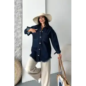 Cepli püsküllü kar yıkama kot ceket koyu mavi d2515